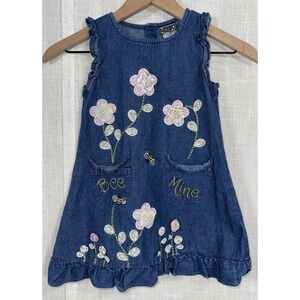 Vintage Y2K Jean Denim Creations Girls Sz 4 Dress Embroidered Flowers Bee Mine